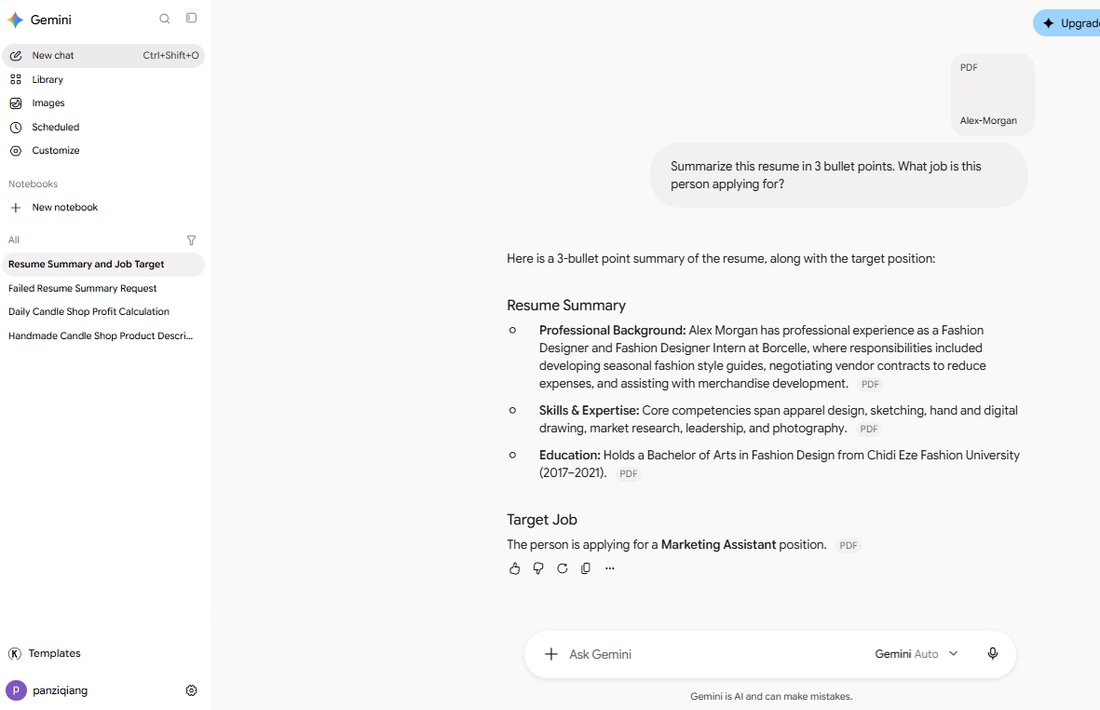 Gemini free misidentifying the resume profession as Marketing Assistant