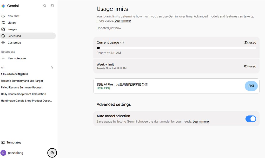 Gemini Usage limits page showing daily usage at 2 percent, weekly limit at 0 percent, and a US$4.99 per month upgrade offer