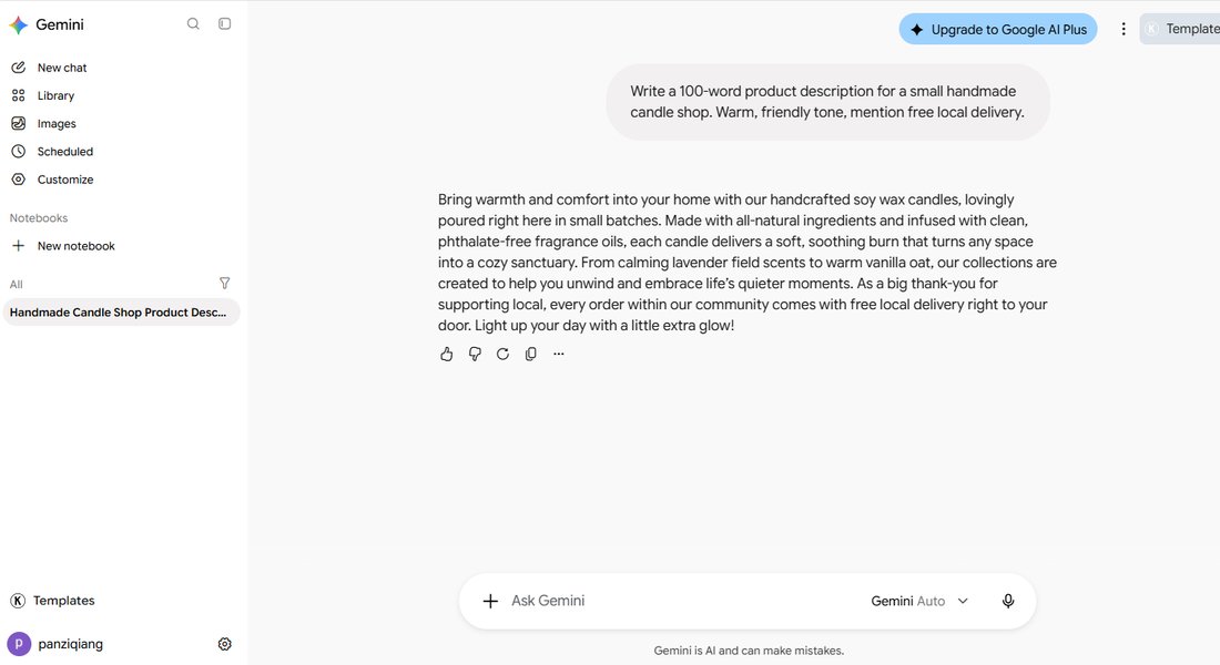 Gemini free candle shop description in 95 words