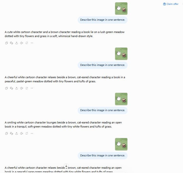 ChatGPT free describing the same uploaded image five times with no limit message