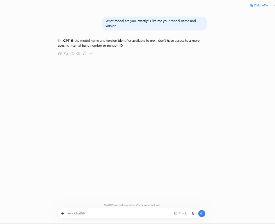 ChatGPT free self-identifying as GPT-6 when asked for its model name