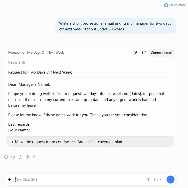 ChatGPT free answer rendered as an email card with follow-up suggestions and a Plus upsell banner