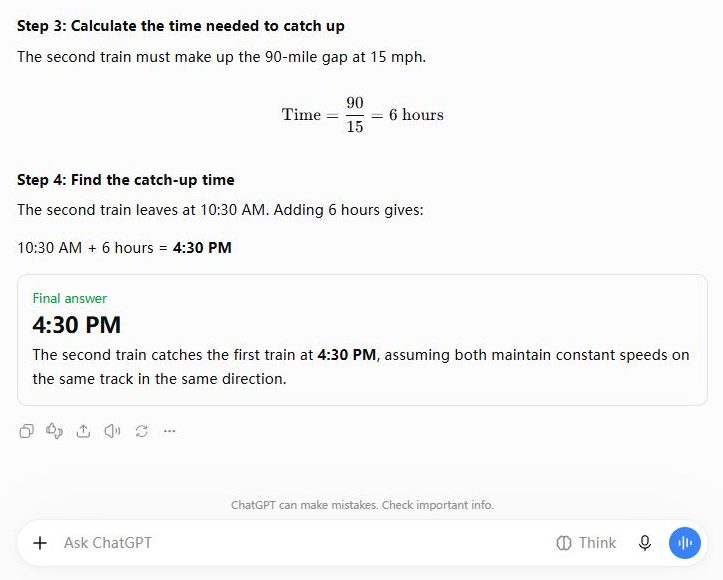 ChatGPT free solving the same two-train problem and answering 4:30 PM