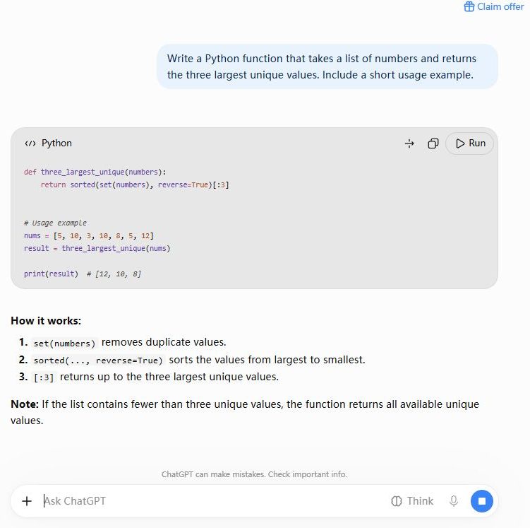ChatGPT free solving the same Python task with a one-line sorted set solution