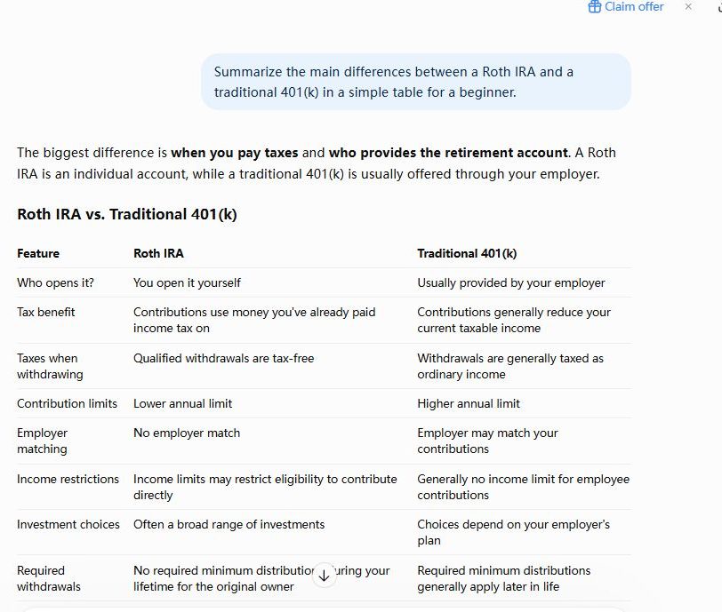 ChatGPT free finance table avoiding specific dollar figures