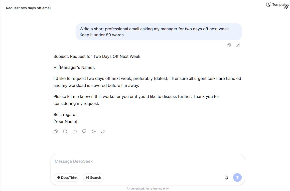 DeepSeek free answer to the two-days-off email question