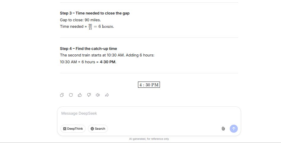 DeepSeek free solving the two-train problem step by step and answering 4:30 PM