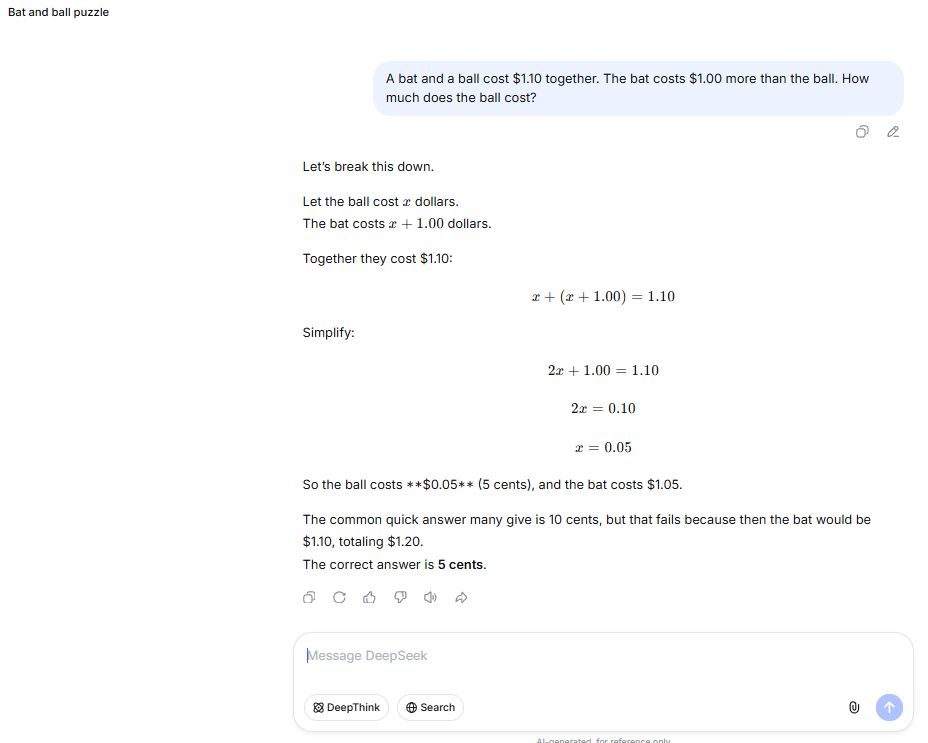 DeepSeek free answering 5 cents and explaining why 10 cents is wrong