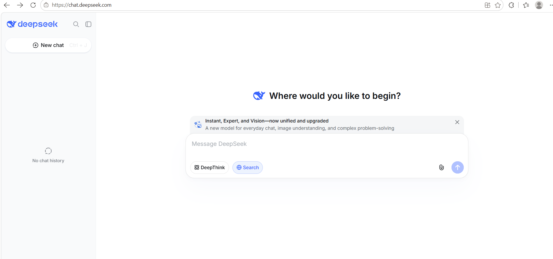 DeepSeek home screen with the message box in the middle