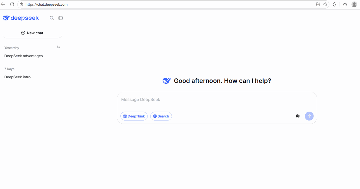 DeepSeek message box with the DeepThink and Search toggle buttons below it