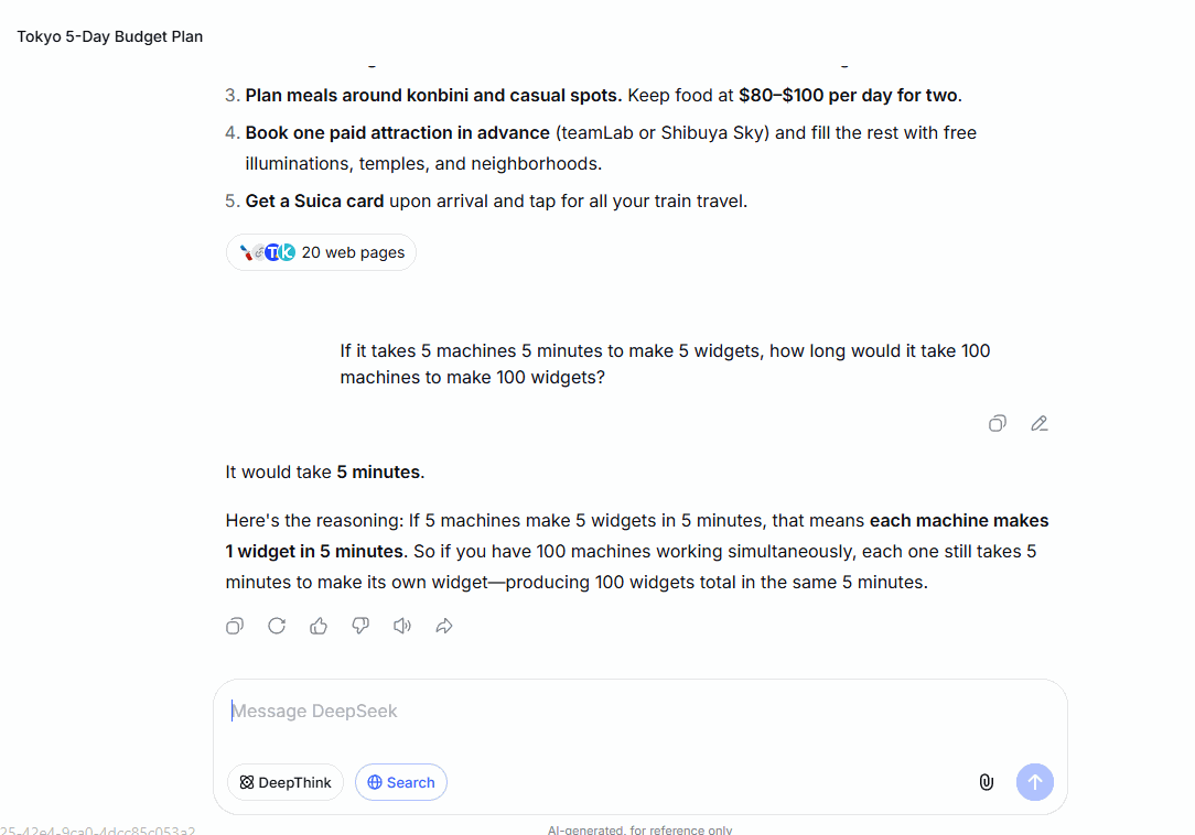 DeepSeek answering the widgets riddle correctly without DeepThink