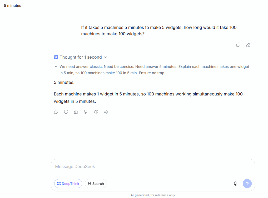 DeepSeek with DeepThink on, showing Thought for 1 second before answering the widgets riddle