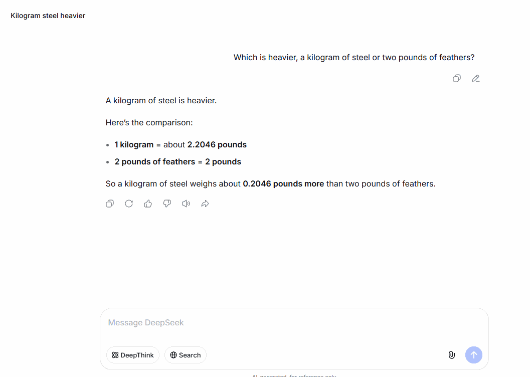DeepSeek correctly answering the steel vs feathers question without DeepThink