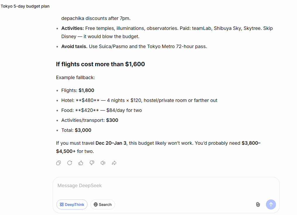 DeepThink fallback budget totaling exactly $3,000 and a peak-season warning