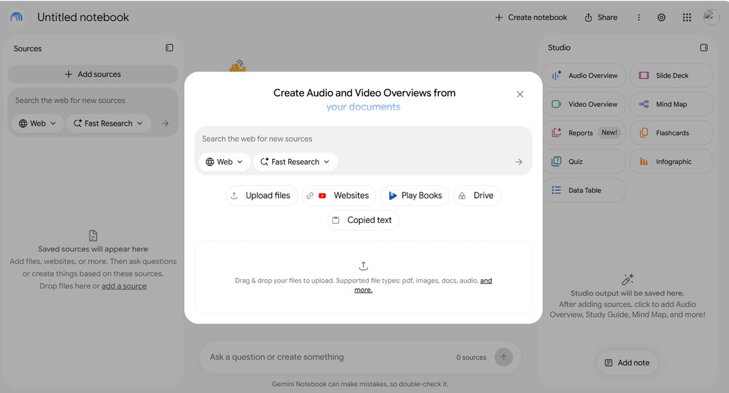 Add sources panel showing Upload files, Websites, Play Books, Drive and Copied text options