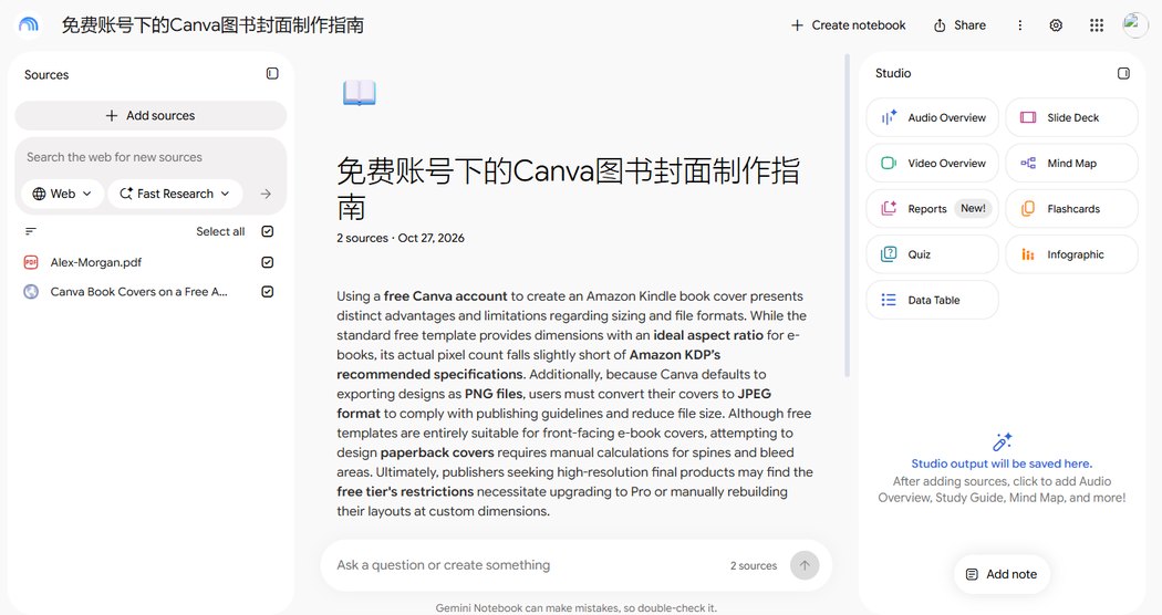Sources panel with two sources added and an auto-generated summary of the book-cover article