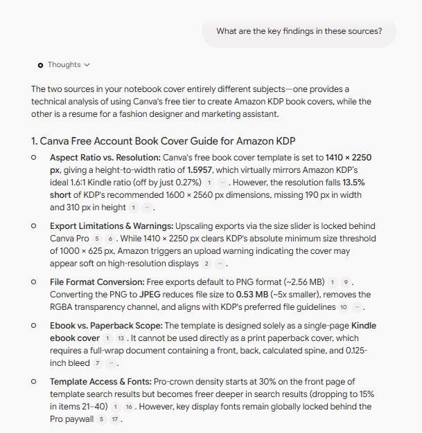 Answer to the key-findings question with numbered citation chips next to every figure