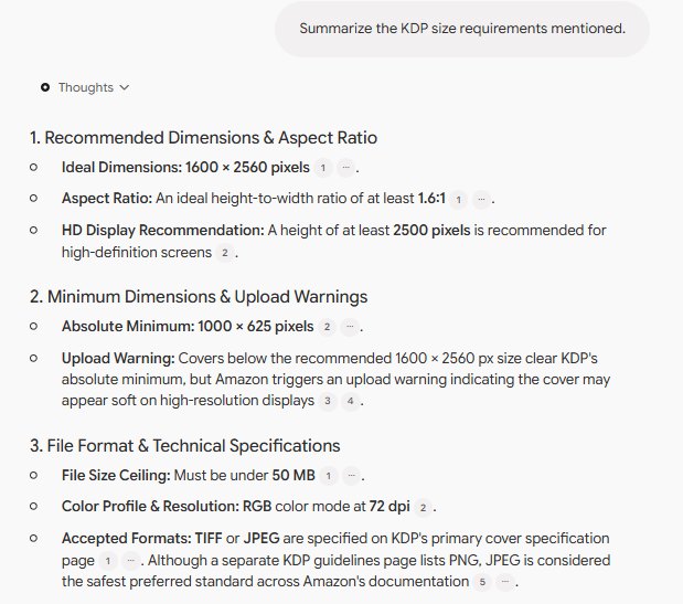 Answer summarizing KDP size requirements, including the file-format contradiction between Amazon's own pages