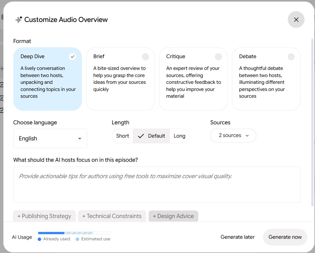 Customize Audio Overview dialog showing Deep Dive, Brief, Critique and Debate formats