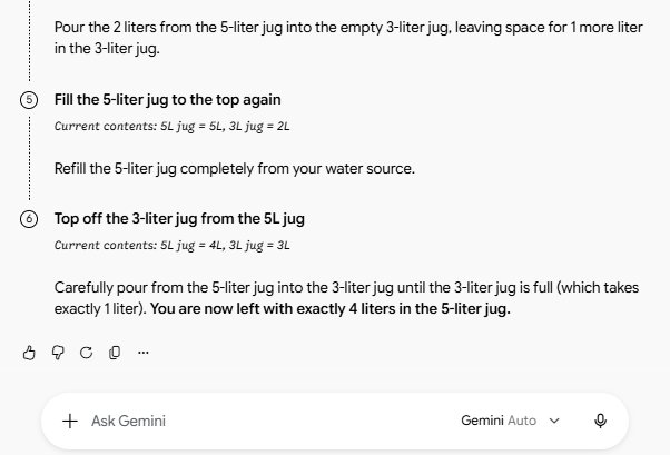 Gemini free answer to the water jug puzzle, six steps with current contents tracked after each move