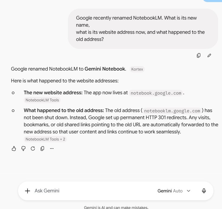 Gemini free correctly answering the NotebookLM rename question with 301 redirect details