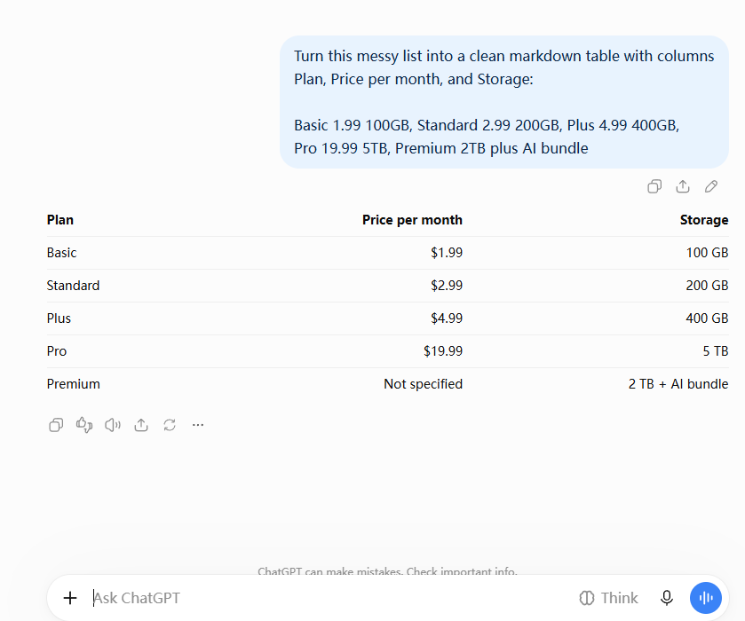 ChatGPT free converting a messy price list into a clean three-column table with Not specified for the unknown price