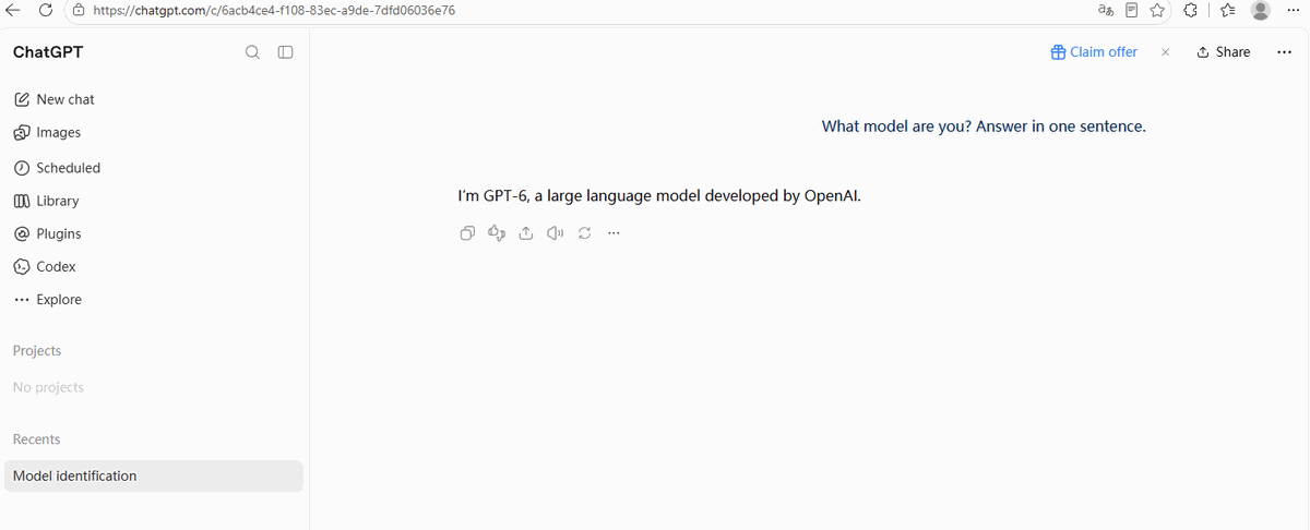 ChatGPT answering that it is GPT-6, in about 4 seconds