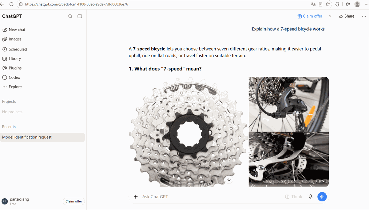 ChatGPT explaining a 7-speed bicycle with text and real photos instead of an interactive diagram