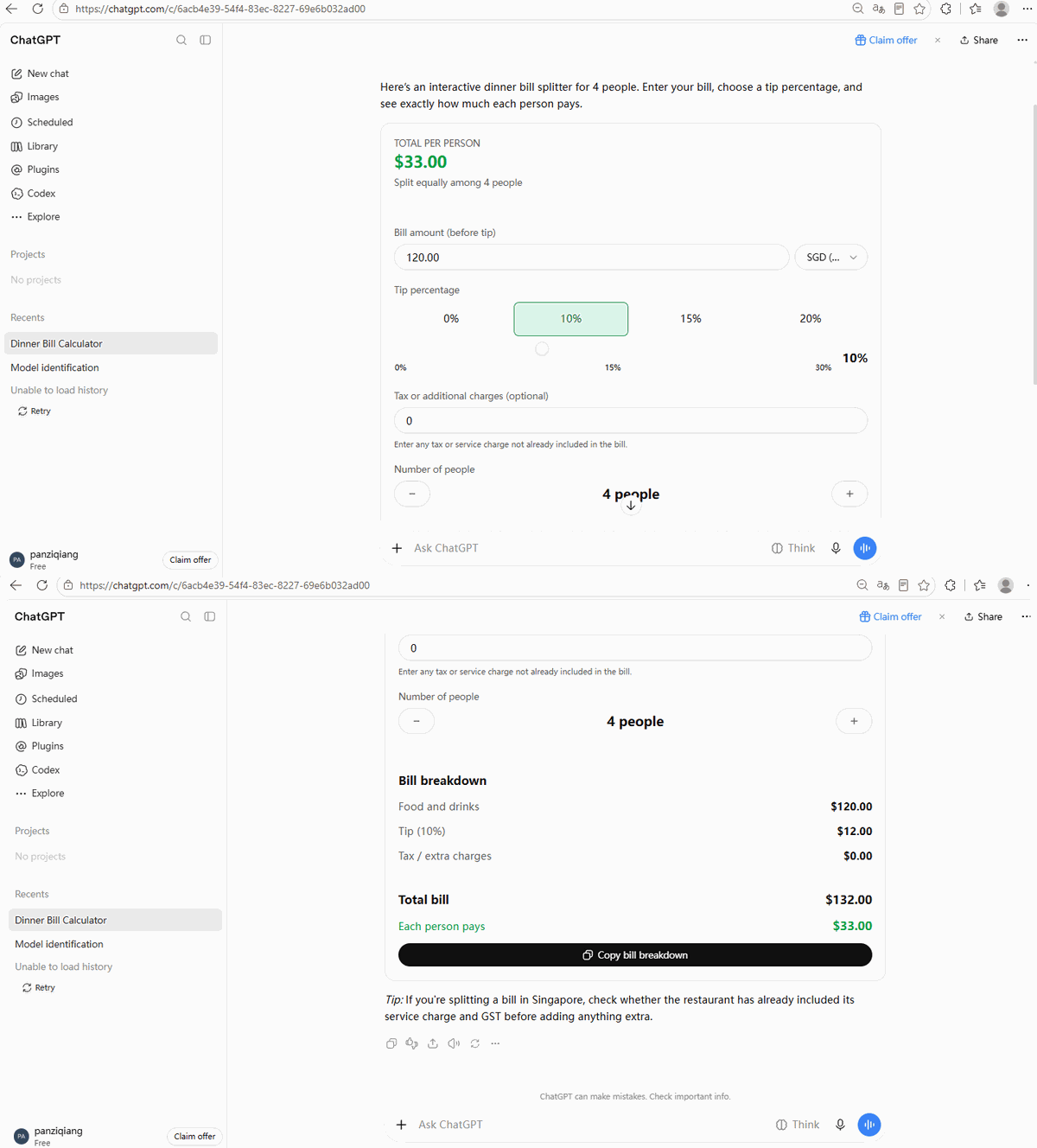 A working bill-splitting calculator built inside ChatGPT, showing tip buttons, tax field and a bill breakdown