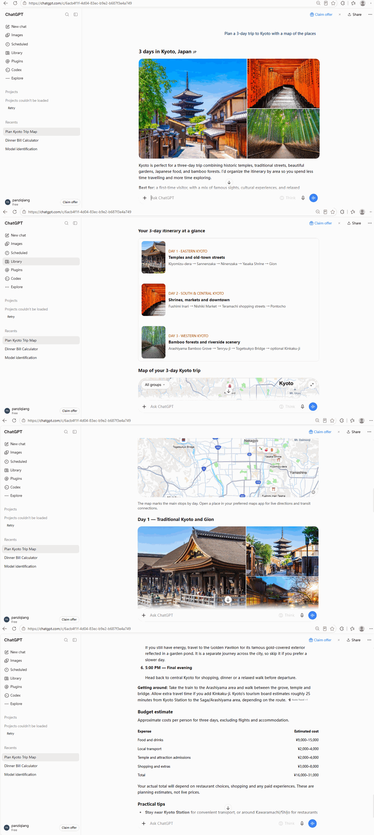 Long screenshot of ChatGPT's Kyoto itinerary: photos, day-by-day cards, an interactive map and a budget table