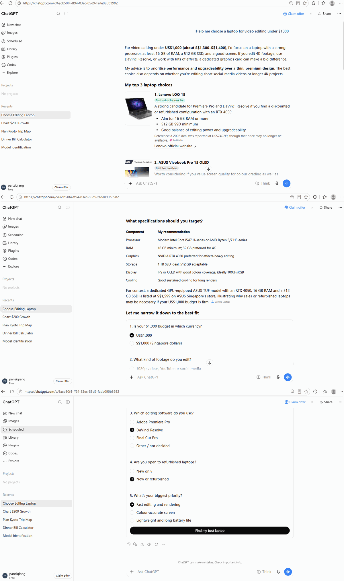 An interactive five-question form with radio buttons inside ChatGPT, for choosing a video-editing laptop