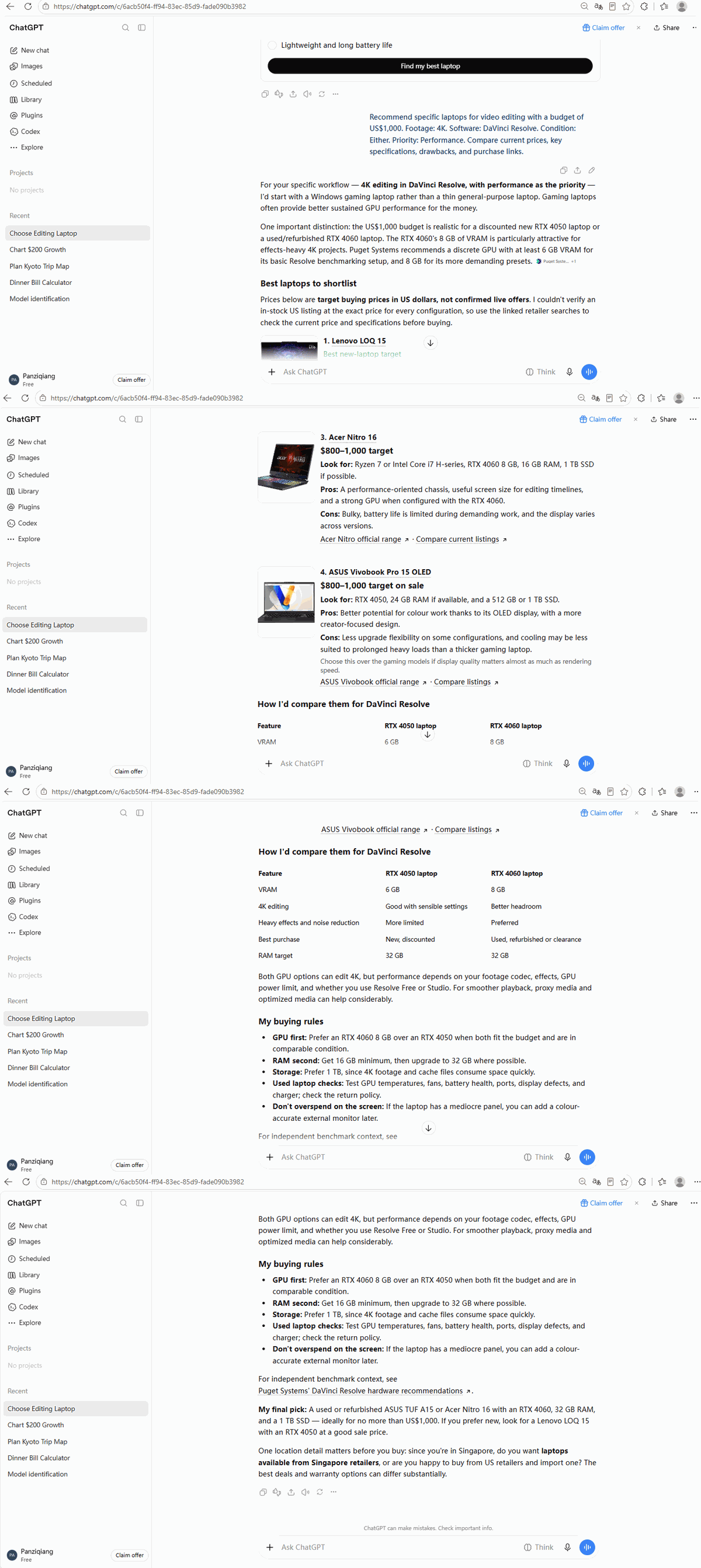 ChatGPT's personalized laptop recommendation after the form was submitted, with comparison table and final pick