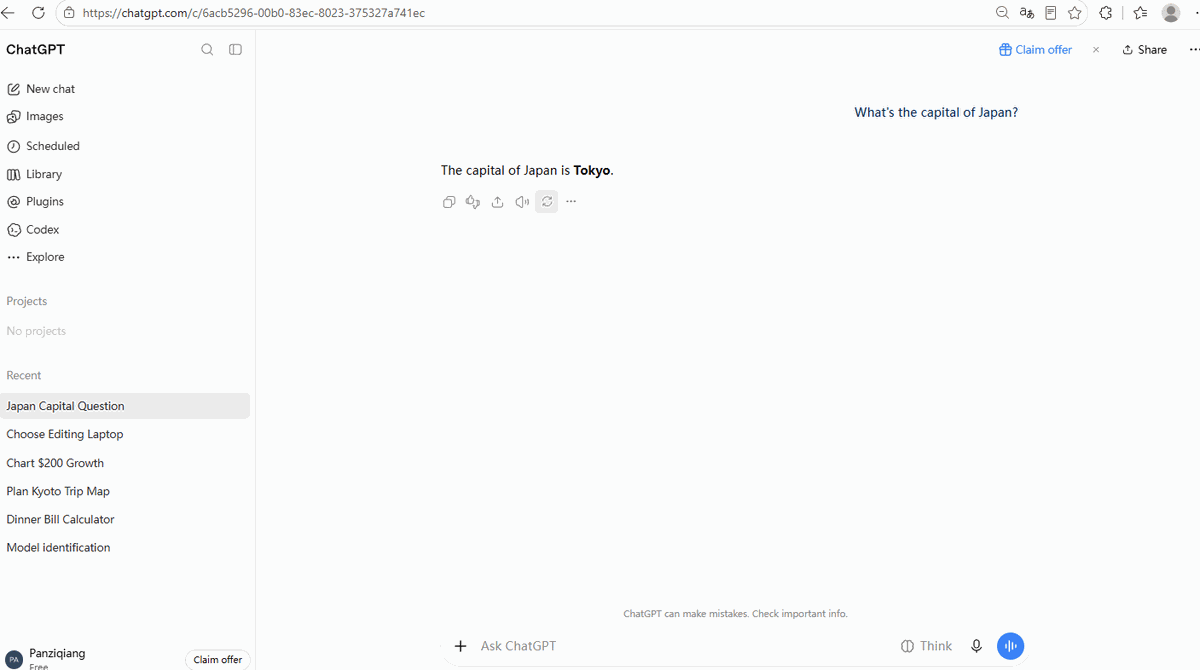 ChatGPT answering the capital of Japan with one plain sentence and no interface elements