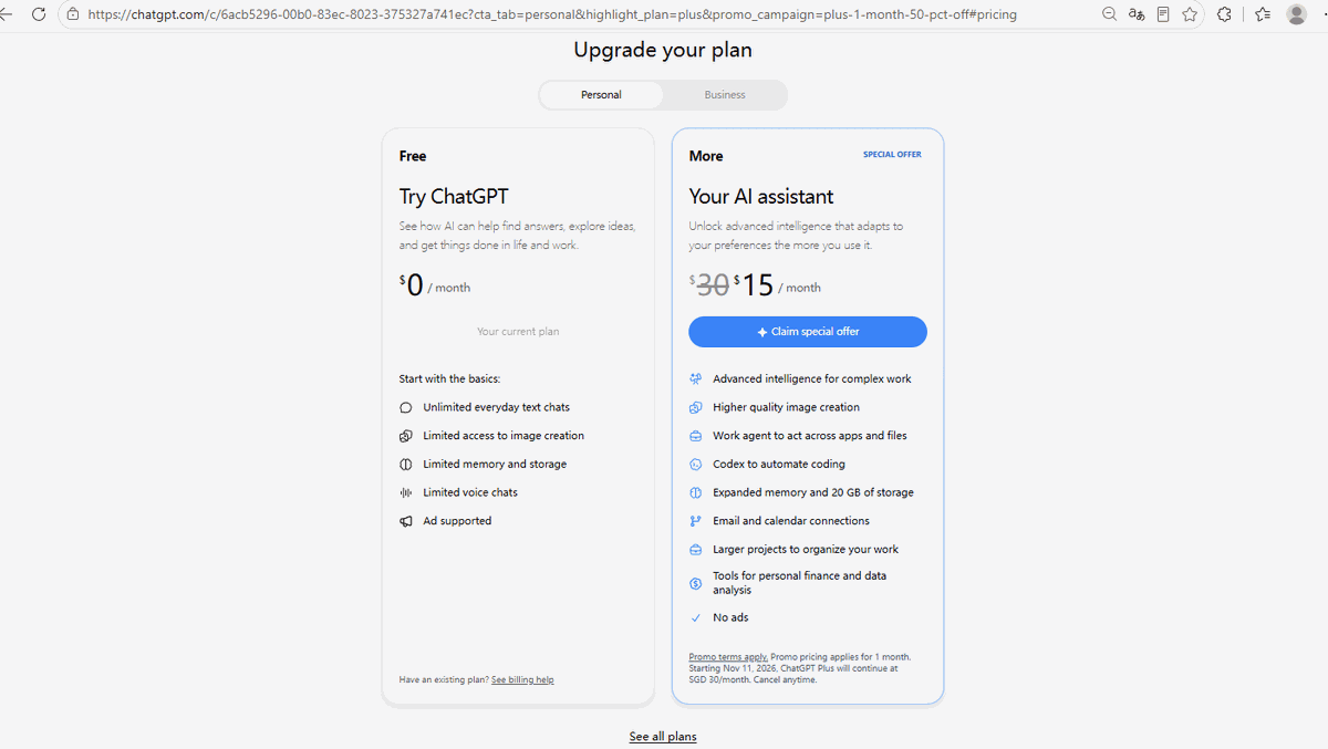ChatGPT upgrade page showing Free at $0 versus the paid plan at $15 per month with the original $30 crossed out