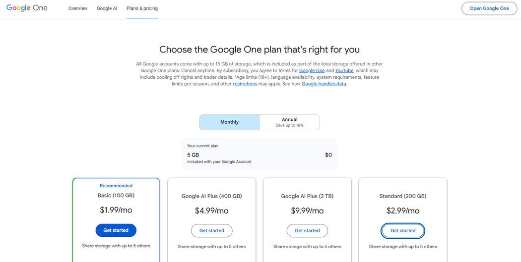 Google One plan picker showing Basic at $1.99, Google AI Plus 400 GB at $4.99, Google AI Plus 2 TB at $9.99 and Standard at $2.99 per month